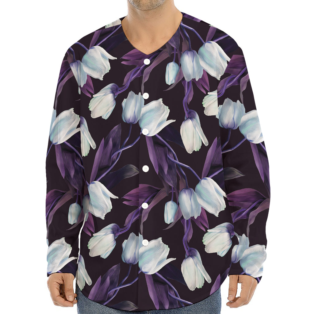 White And Purple Tulip Pattern Print Long Sleeve Baseball Jersey