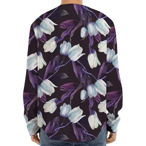 White And Purple Tulip Pattern Print Long Sleeve Baseball Jersey