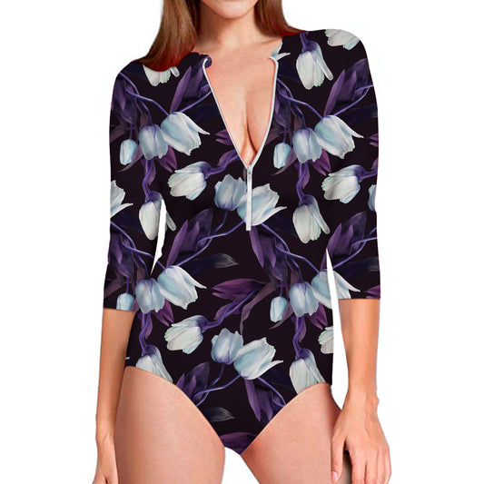 White And Purple Tulip Pattern Print Long Sleeve Swimsuit