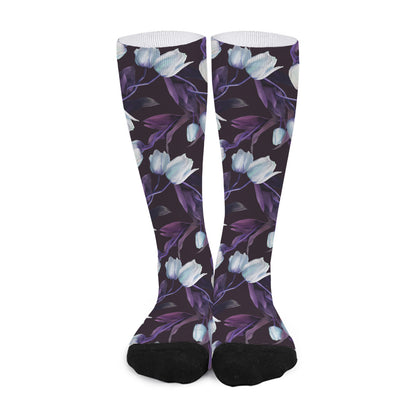White And Purple Tulip Pattern Print Long Socks