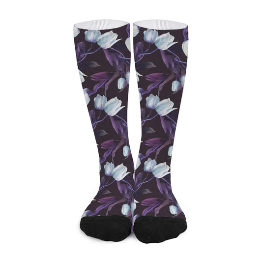 White And Purple Tulip Pattern Print Long Socks
