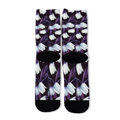 White And Purple Tulip Pattern Print Long Socks