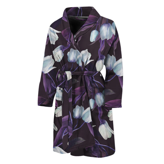 White And Purple Tulip Pattern Print Men's Bathrobe