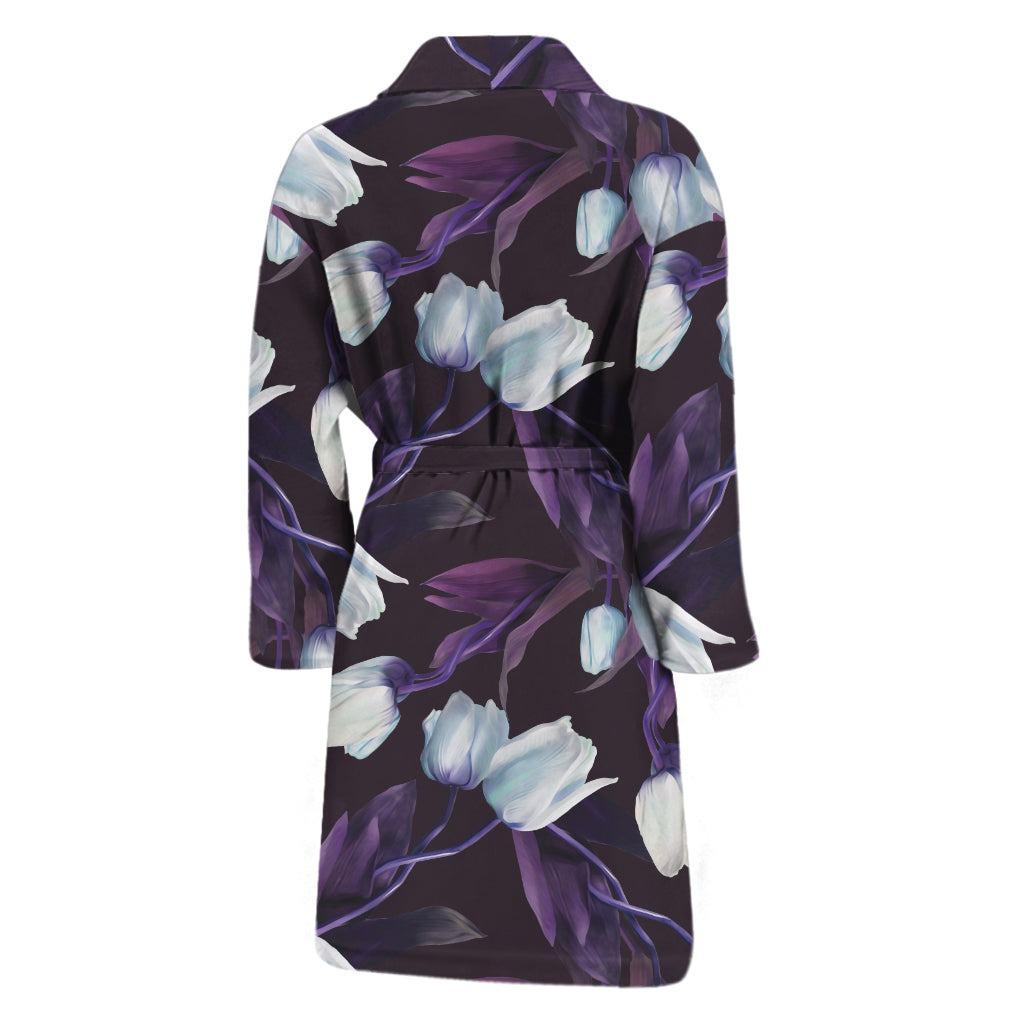 White And Purple Tulip Pattern Print Men's Bathrobe