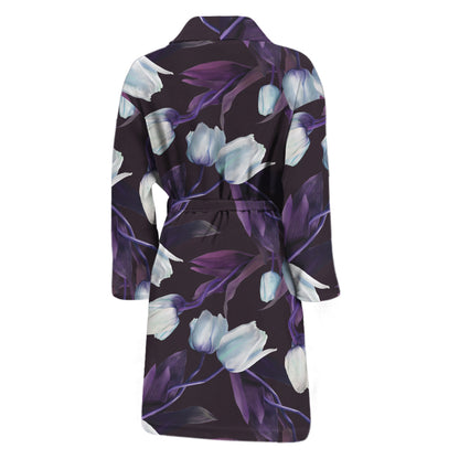 White And Purple Tulip Pattern Print Men's Bathrobe