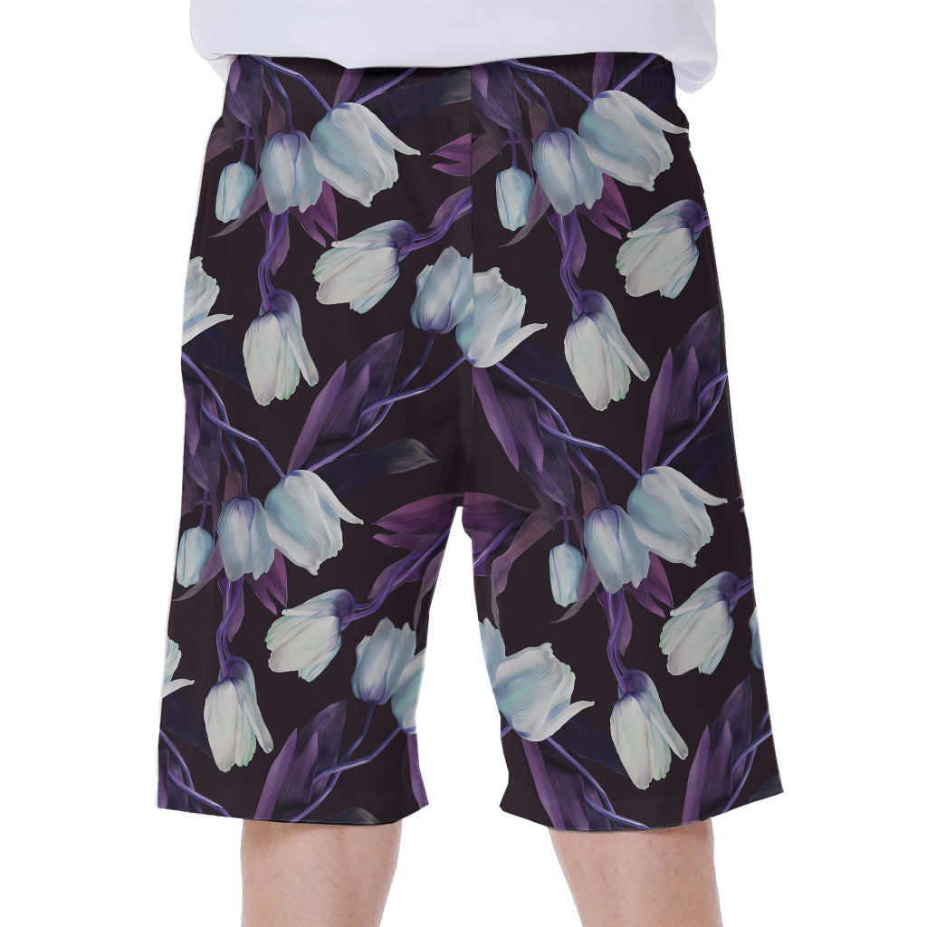 White And Purple Tulip Pattern Print Men's Beach Shorts
