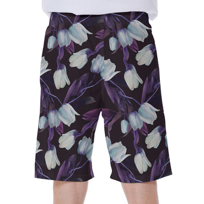 White And Purple Tulip Pattern Print Men's Beach Shorts