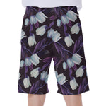 White And Purple Tulip Pattern Print Men's Beach Shorts