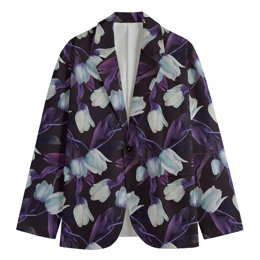 White And Purple Tulip Pattern Print Men's Blazer