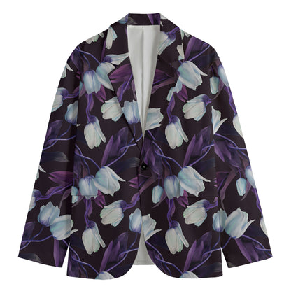 White And Purple Tulip Pattern Print Men's Blazer