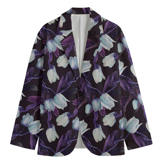 White And Purple Tulip Pattern Print Men's Blazer