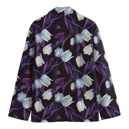 White And Purple Tulip Pattern Print Men's Blazer