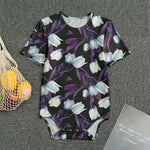 White And Purple Tulip Pattern Print Men's Bodysuit