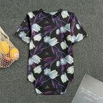 White And Purple Tulip Pattern Print Men's Bodysuit