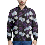 White And Purple Tulip Pattern Print Men's Bomber Jacket