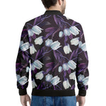 White And Purple Tulip Pattern Print Men's Bomber Jacket