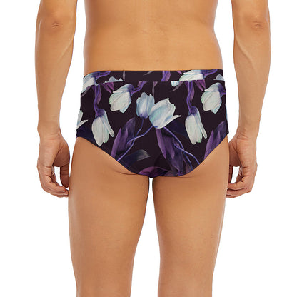 White And Purple Tulip Pattern Print Men's Briefs
