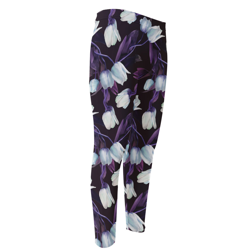 White And Purple Tulip Pattern Print Men's Compression Pants