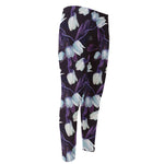 White And Purple Tulip Pattern Print Men's Compression Pants