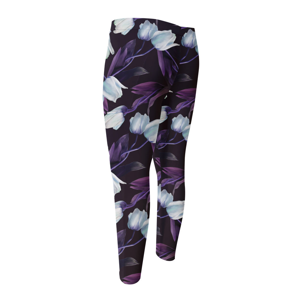 White And Purple Tulip Pattern Print Men's Compression Pants