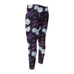White And Purple Tulip Pattern Print Men's Compression Pants