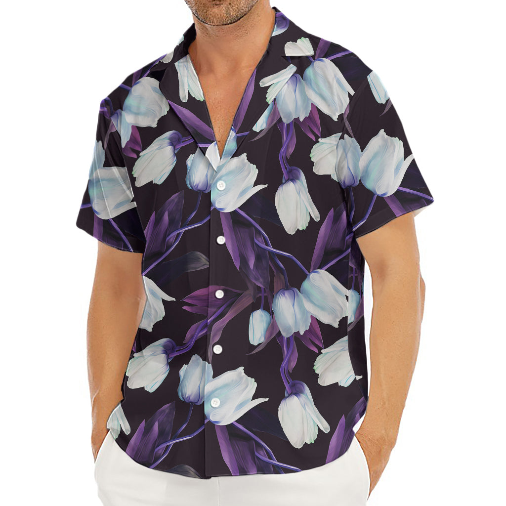 White And Purple Tulip Pattern Print Men's Deep V-Neck Shirt