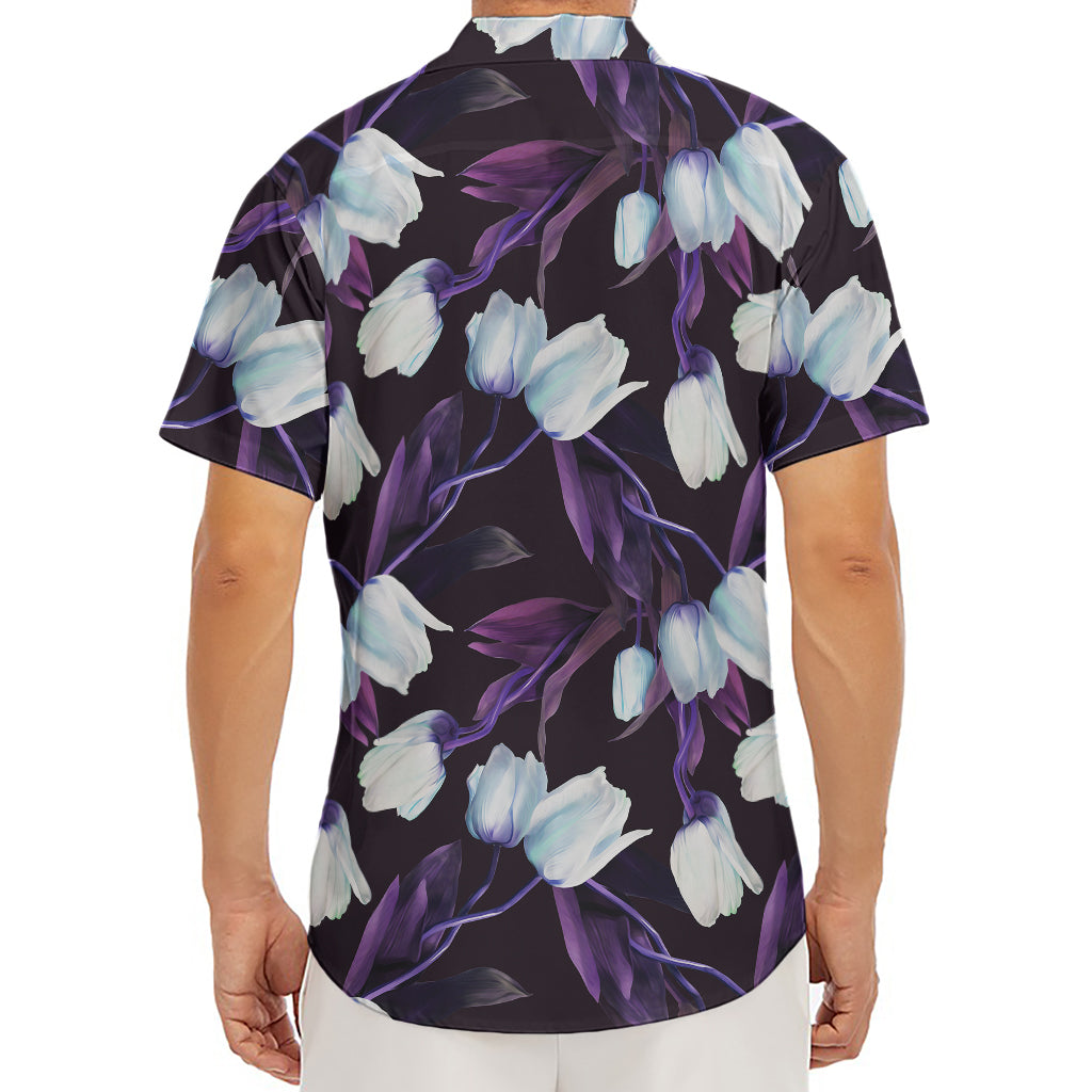White And Purple Tulip Pattern Print Men's Deep V-Neck Shirt