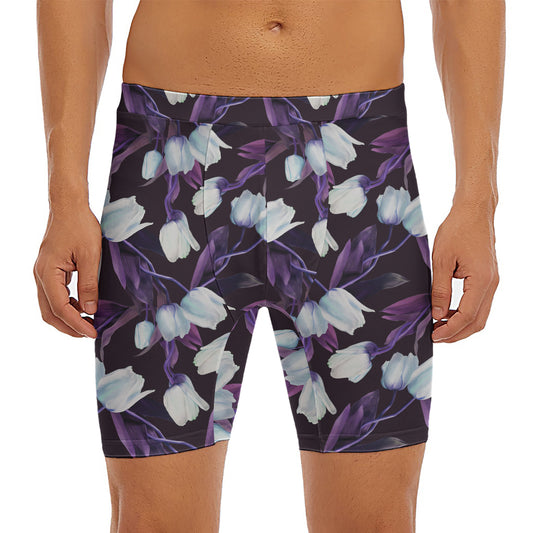 White And Purple Tulip Pattern Print Men's Long Boxer Briefs