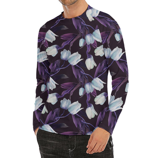 White And Purple Tulip Pattern Print Men's Long Sleeve Rash Guard