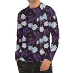 White And Purple Tulip Pattern Print Men's Long Sleeve Rash Guard