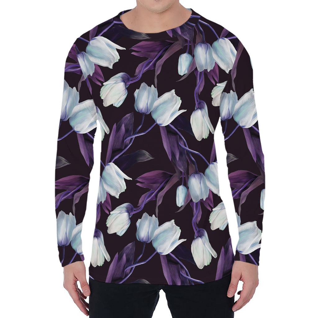 White And Purple Tulip Pattern Print Men's Long Sleeve T-Shirt