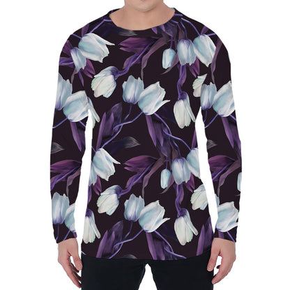 White And Purple Tulip Pattern Print Men's Long Sleeve T-Shirt