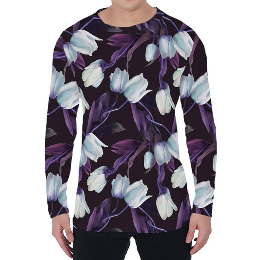 White And Purple Tulip Pattern Print Men's Long Sleeve T-Shirt