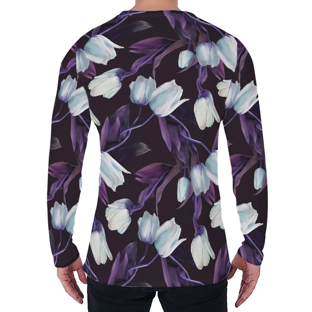 White And Purple Tulip Pattern Print Men's Long Sleeve T-Shirt
