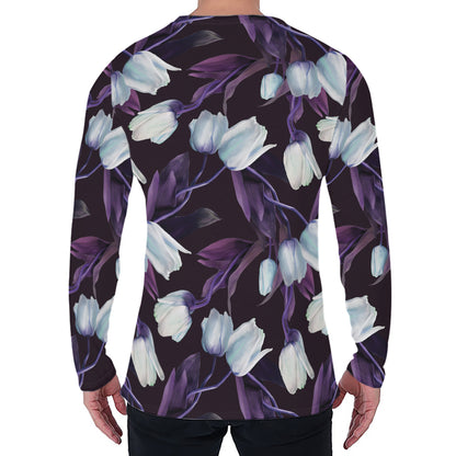 White And Purple Tulip Pattern Print Men's Long Sleeve T-Shirt