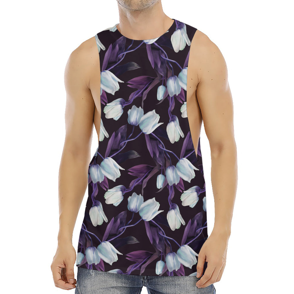 White And Purple Tulip Pattern Print Men's Muscle Tank Top