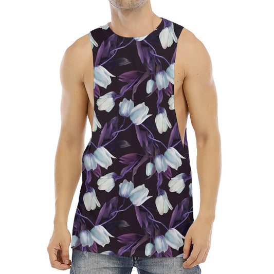 White And Purple Tulip Pattern Print Men's Muscle Tank Top
