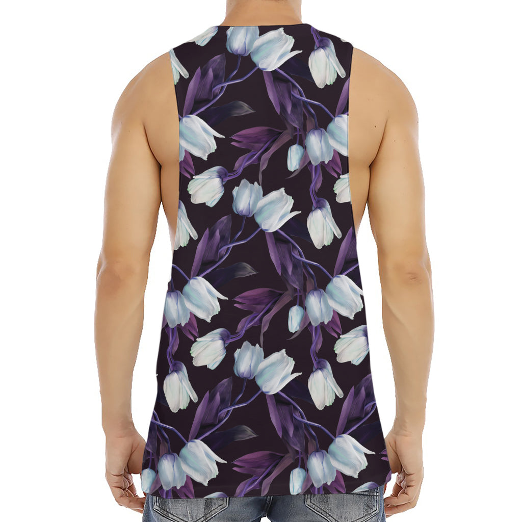 White And Purple Tulip Pattern Print Men's Muscle Tank Top