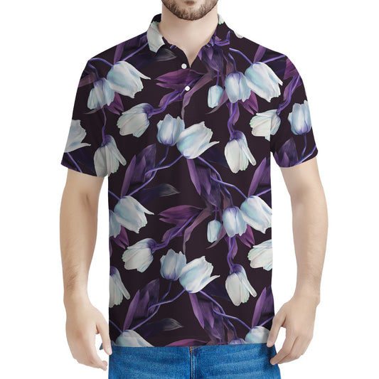 White And Purple Tulip Pattern Print Men's Polo Shirt