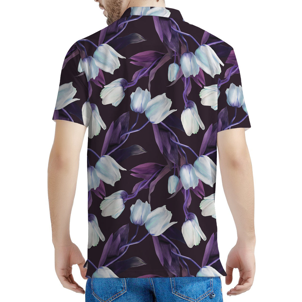 White And Purple Tulip Pattern Print Men's Polo Shirt