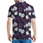 White And Purple Tulip Pattern Print Men's Polo Shirt