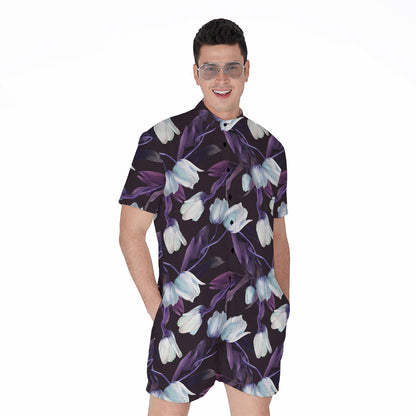 White And Purple Tulip Pattern Print Men's Rompers