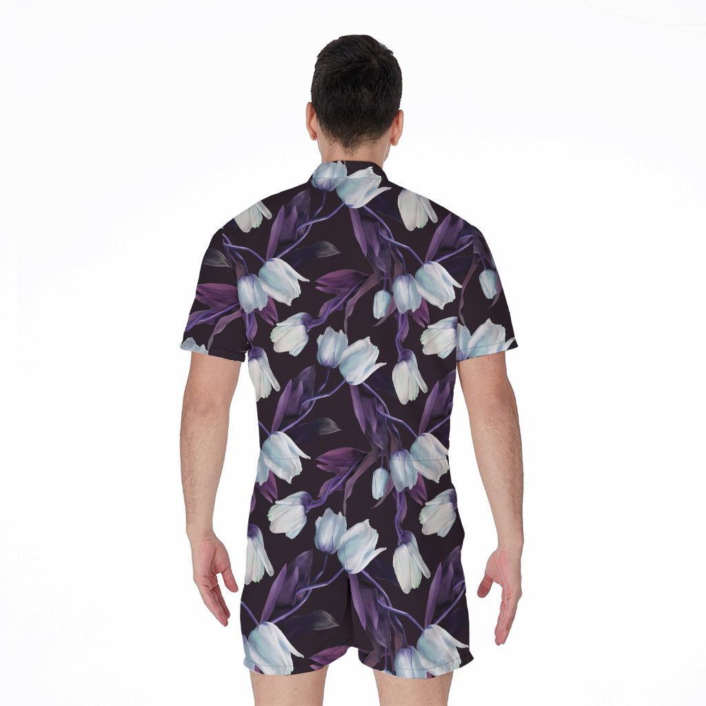 White And Purple Tulip Pattern Print Men's Rompers