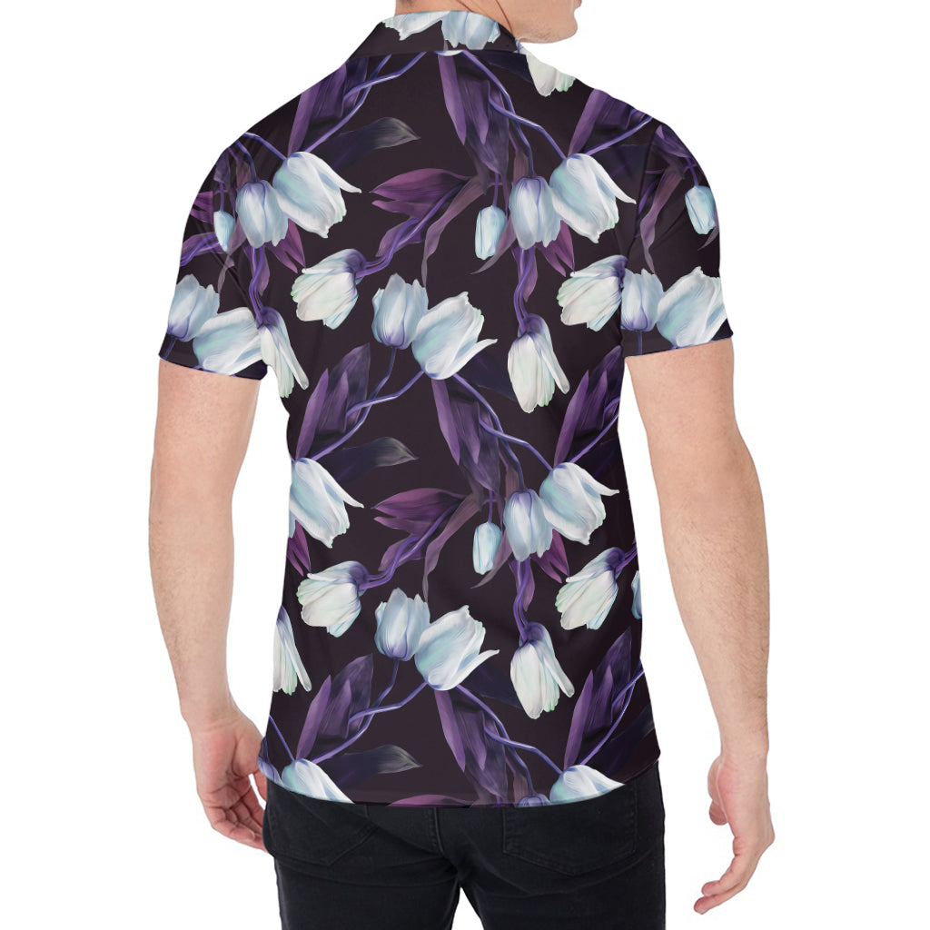 White And Purple Tulip Pattern Print Men's Shirt