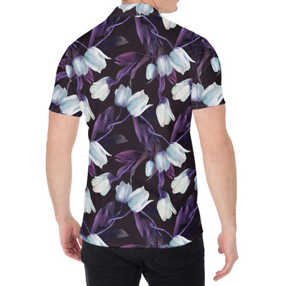 White And Purple Tulip Pattern Print Men's Shirt
