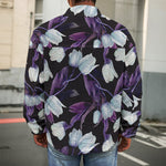White And Purple Tulip Pattern Print Men's Shirt Jacket