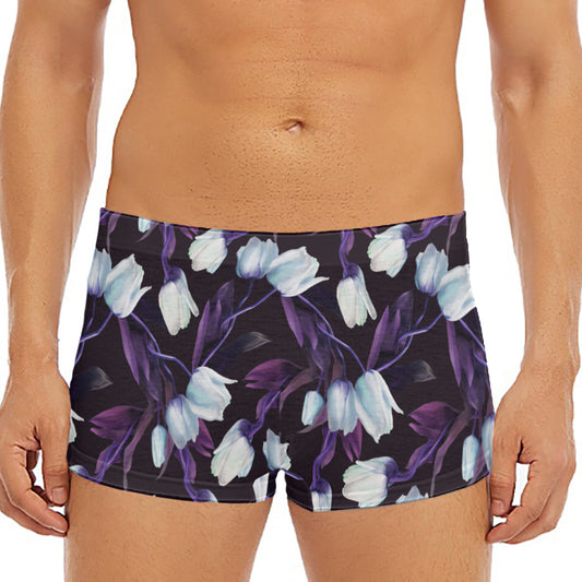 White And Purple Tulip Pattern Print Men's Short Boxer Briefs