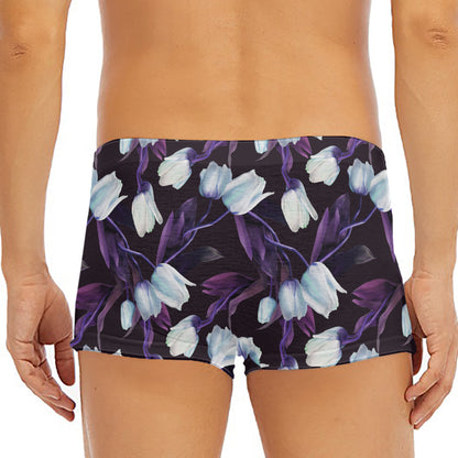 White And Purple Tulip Pattern Print Men's Short Boxer Briefs