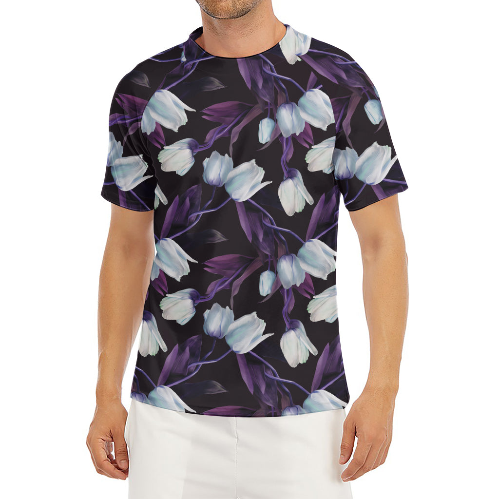 White And Purple Tulip Pattern Print Men's Short Sleeve Rash Guard