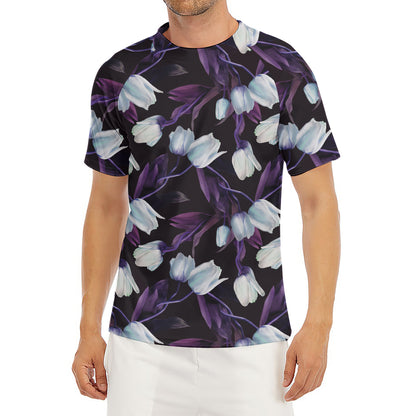 White And Purple Tulip Pattern Print Men's Short Sleeve Rash Guard